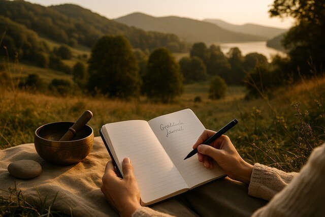 Person journaling gratitude in nature with mindfulness tools at sunset.