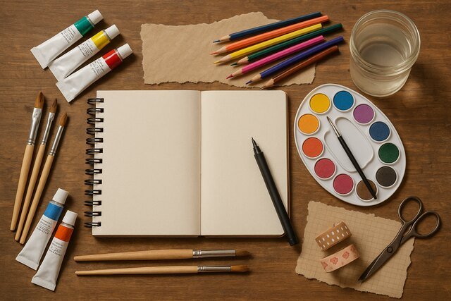 Art journaling supplies arranged neatly on a wooden table.