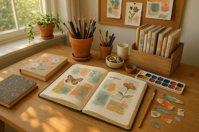 Artistic journaling desk with sketchbooks and watercolor supplies in sunlight.