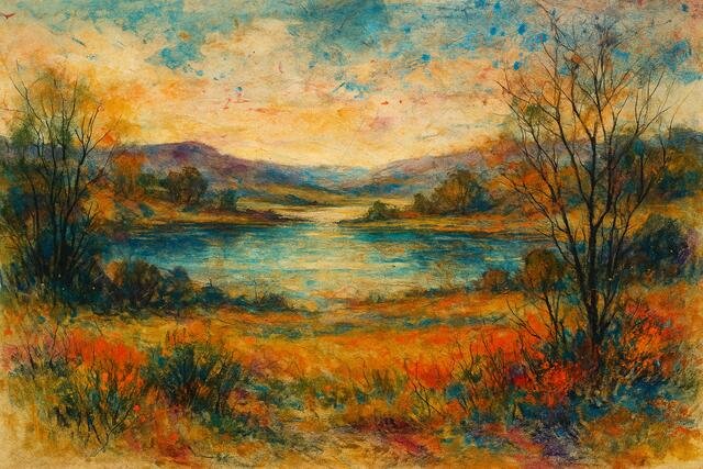 Mixed media painting of a lake landscape with vibrant foliage and textured sky