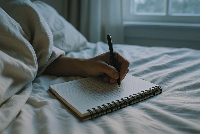 Handwriting dreams in a journal on a bed in early morning light.