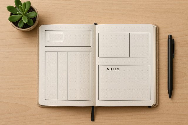 Open bullet journal with organized layout, pen, and plant on wooden desk.