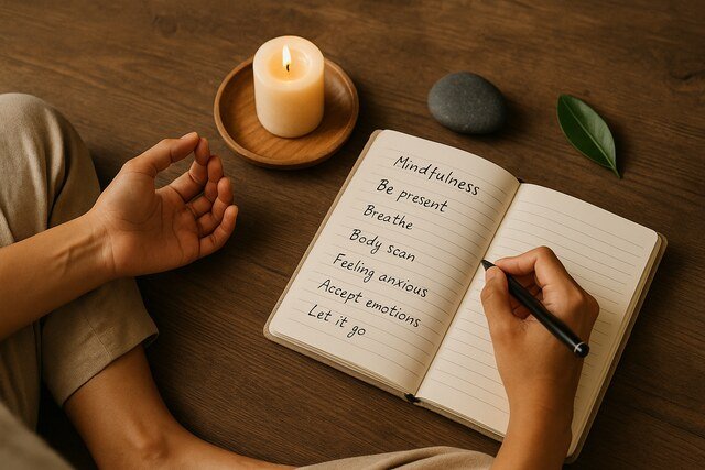 Mindful journaling scene with candle and meditation elements