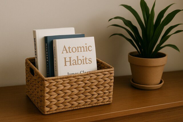 Basket of personal growth books next to a potted plant on wooden table.