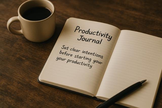 Open productivity journal with coffee cup and pen on wooden desk.