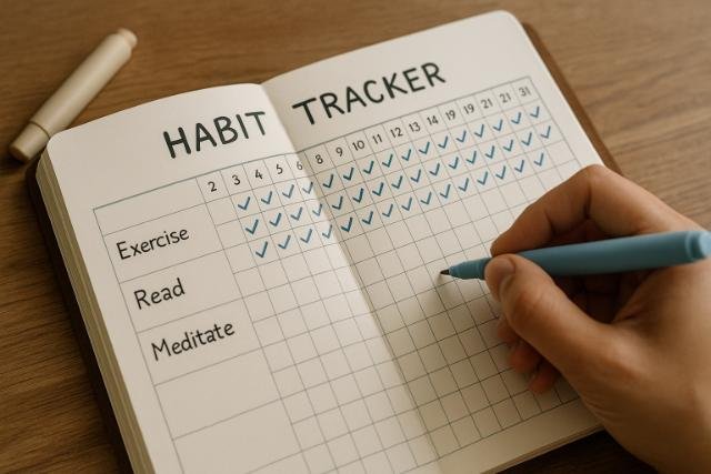 Hand filling out a habit tracker with checkmarks for exercise, reading, and meditation.
