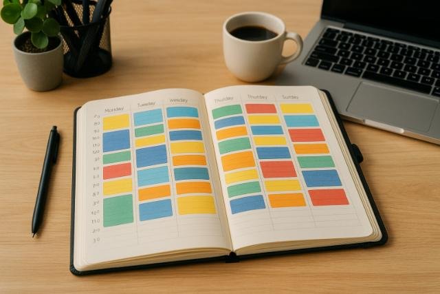 Color-coded weekly planner with time blocking on a wooden desk.