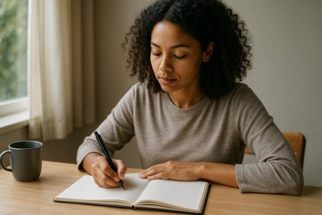 Woman journaling at desk with calm focus