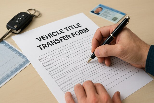 Filling out a vehicle title transfer form with car keys and documents