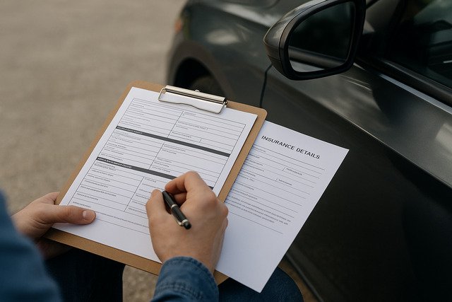 Person updating vehicle registration and insurance forms next to a car.