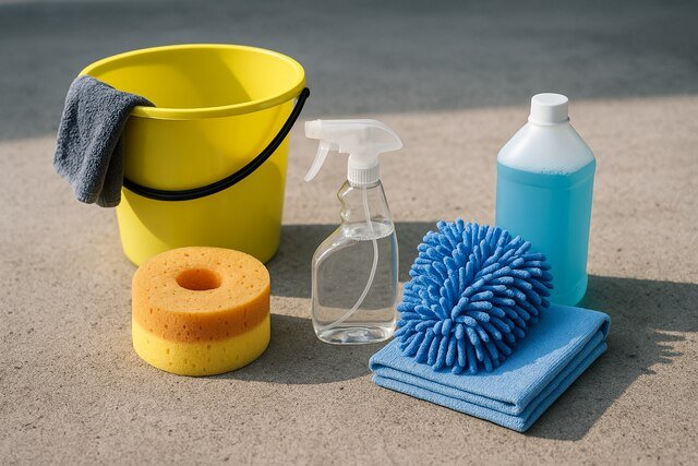 Essential car cleaning materials including sponge, spray bottle, microfiber towel, and bucket.