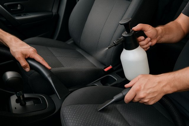 Vacuuming and pre-treating car seat upholstery with spray and handheld vacuum.