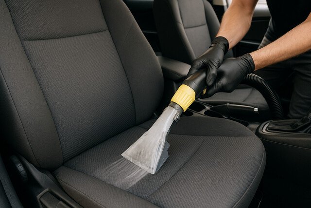 Deep cleaning fabric car seat with upholstery extractor machine.