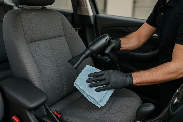 Drying and inspecting car seat with vacuum and cloth.