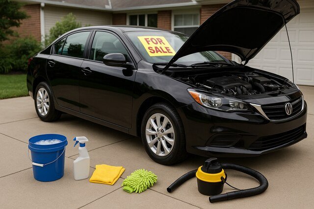 Black sedan for sale with cleaning tools on driveway.