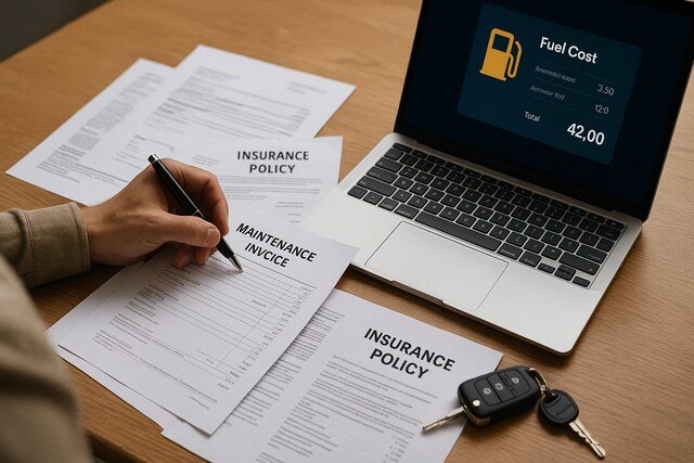 Person analyzing car ownership expenses with bills, keys, and documents