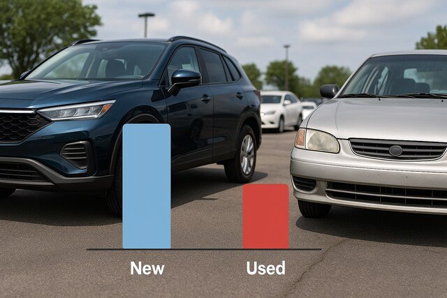 New SUV and used sedan side-by-side with affordability bar graphs.