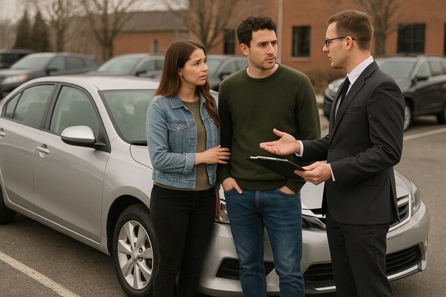 Couple consulting car expert about selling options