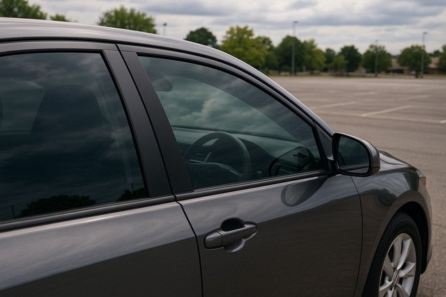 Car with tinted windows in parking lot showing legal tint levels.