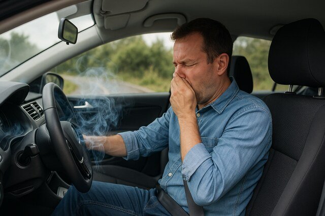 Man covering face in car due to poor cabin air quality