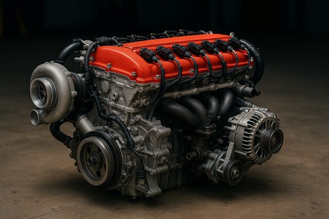 High-performance car engine with red valve cover on workshop floor.