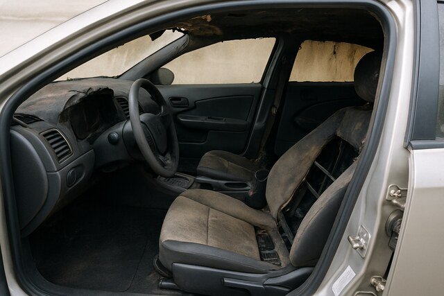 Smoke-damaged car interior with burnt upholstery and dashboard.
