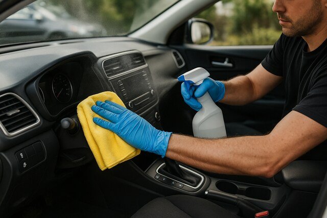 Person cleaning car dashboard with spray and microfiber cloth