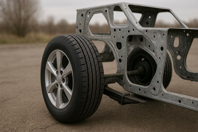 Car wheel mounted on metal frame during assembly process.