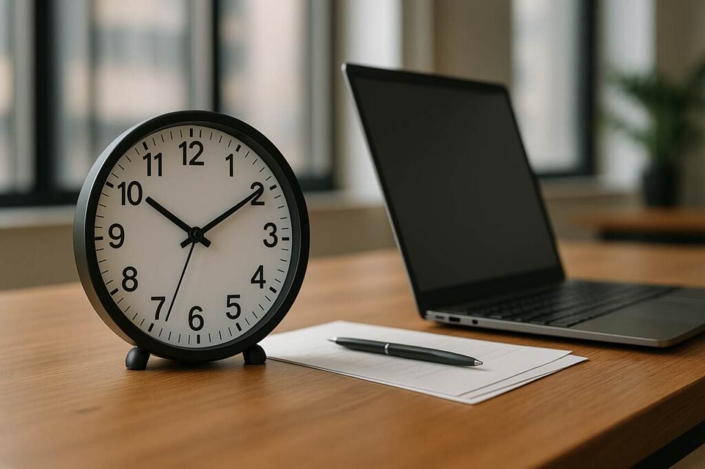 Clock and laptop on an office desk representing a business day.