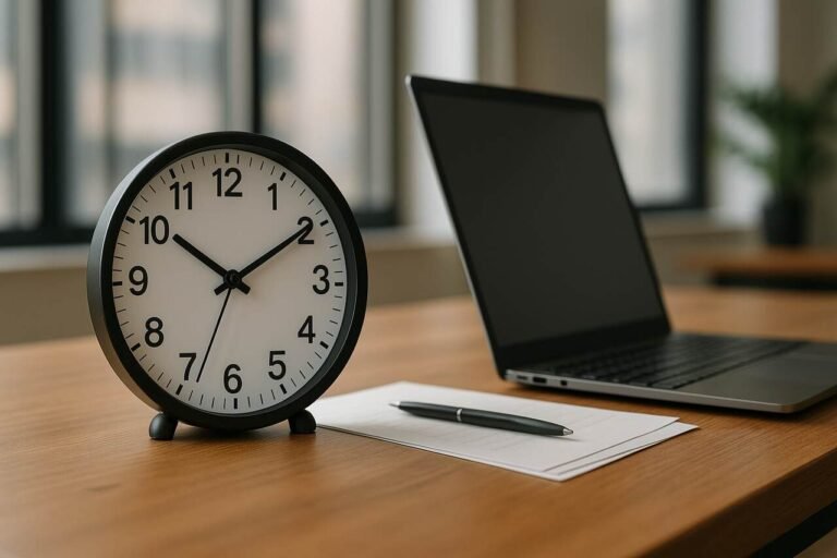 Clock and laptop on an office desk representing a business day.