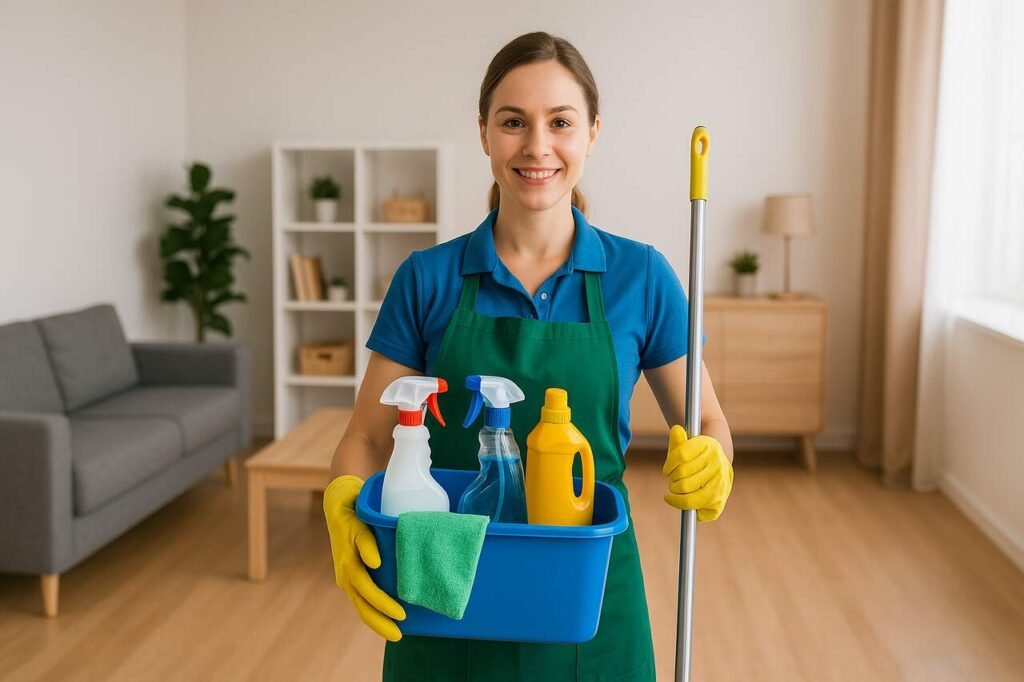 Woman holding cleaning supplies in a clean home setting.