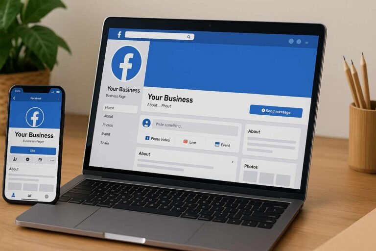 Facebook Business Page on laptop and phone on a desk.