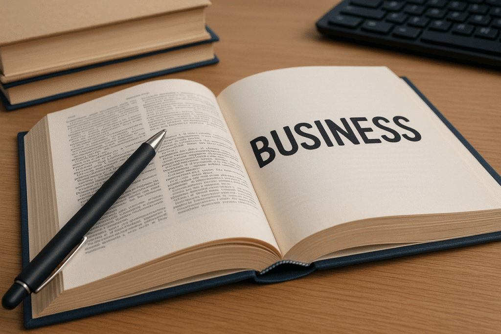 Open dictionary showing the word "business" with a pen on the page.