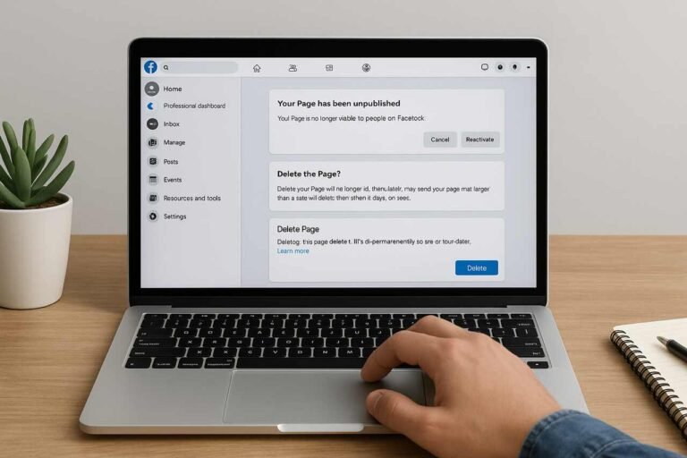 Facebook Business Page deletion process on laptop screen with hand pressing delete button.