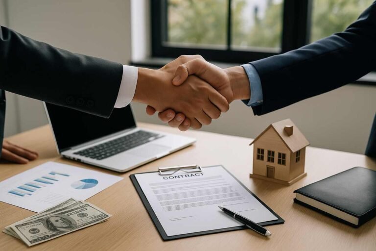 Entrepreneurs shaking hands over business deal essentials.