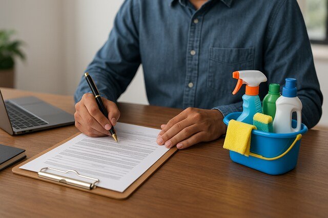 Filling out legal registration form for a cleaning business.