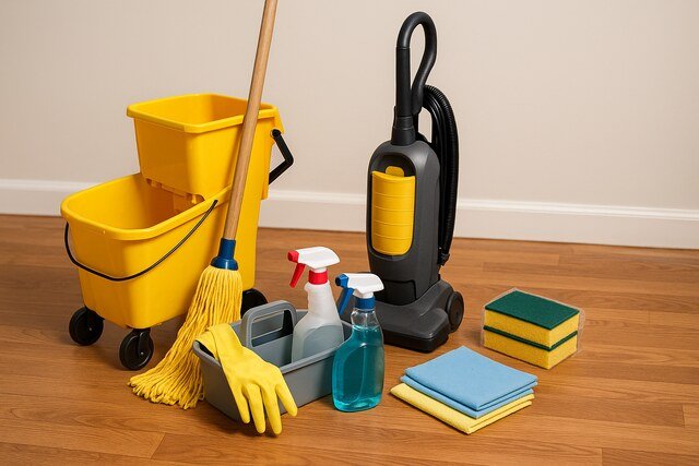 Cleaning equipment and supplies arranged on hardwood floor.