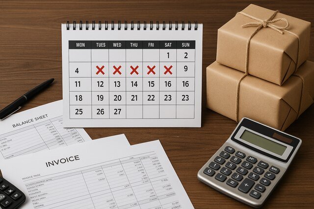 Calendar with financial documents and delivery parcels representing business day calculations.