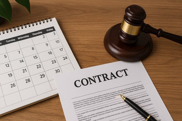 Legal contract with calendar and gavel symbolizing business day deadlines