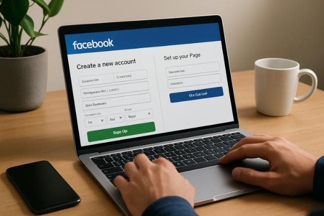 User creating a Facebook account and page on a laptop at a desk.