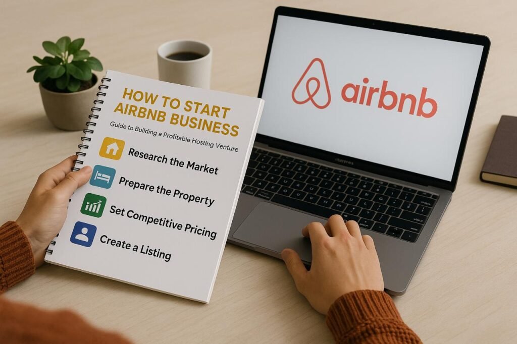 Person preparing to start an Airbnb business using a laptop and printed guide.