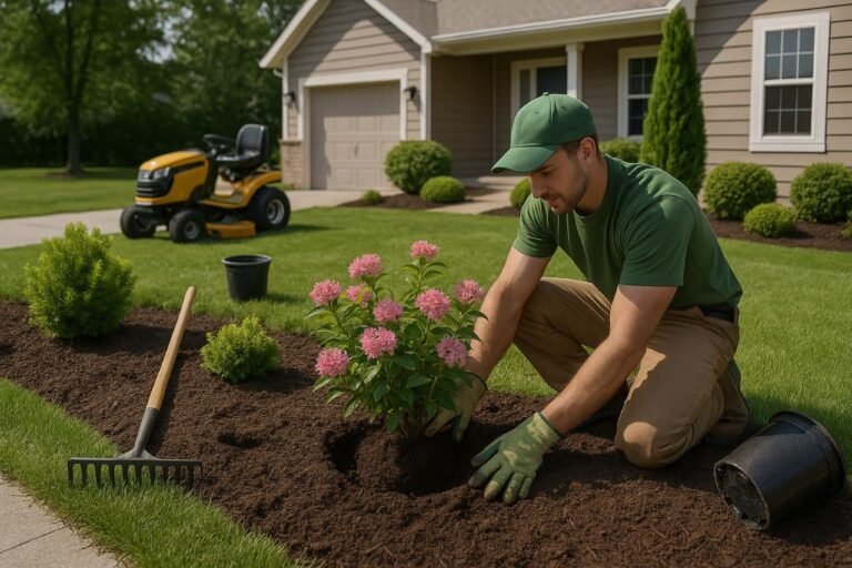 Landscaper planting flowers in a front yard