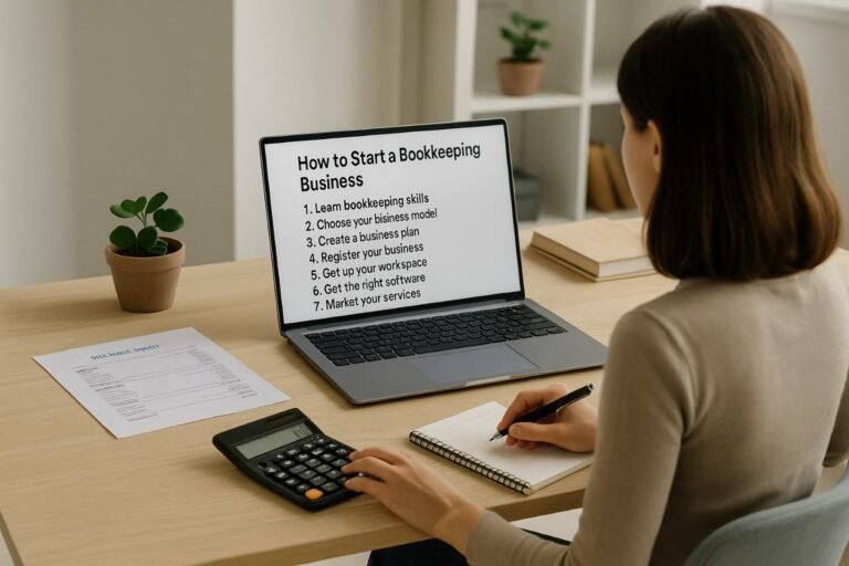 Woman planning a bookkeeping business at her desk with a laptop and calculator