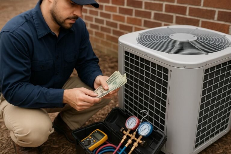 HVAC technician counting money beside an AC unit and tools