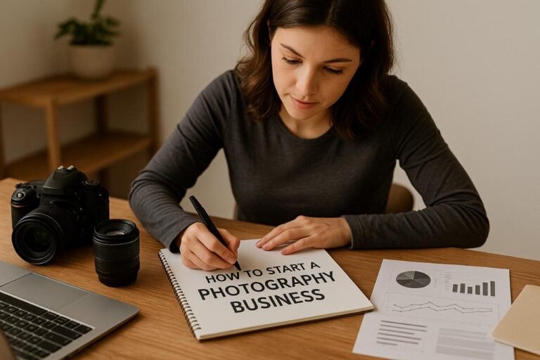Woman planning photography business at desk with camera gear and charts.