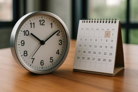 Clock and calendar on office desk representing a business day.