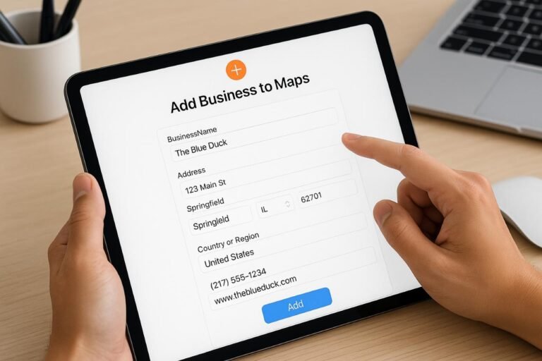 Adding a business to Apple Maps using a tablet.