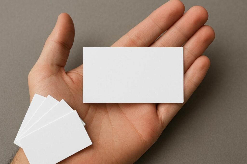 Blank business cards in hand showing standard size