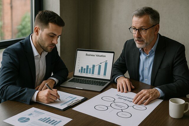 Businessmen discussing valuation strategy with charts and laptop.