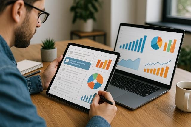 Man managing content and insights data on digital devices in office workspace.
